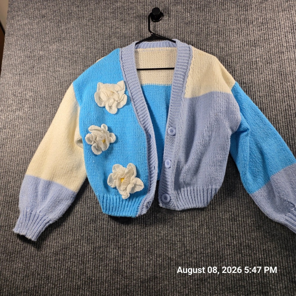 Strangers & Lovers Blue Colorblock Floral Applique Knit Cardigan Sweater Womens